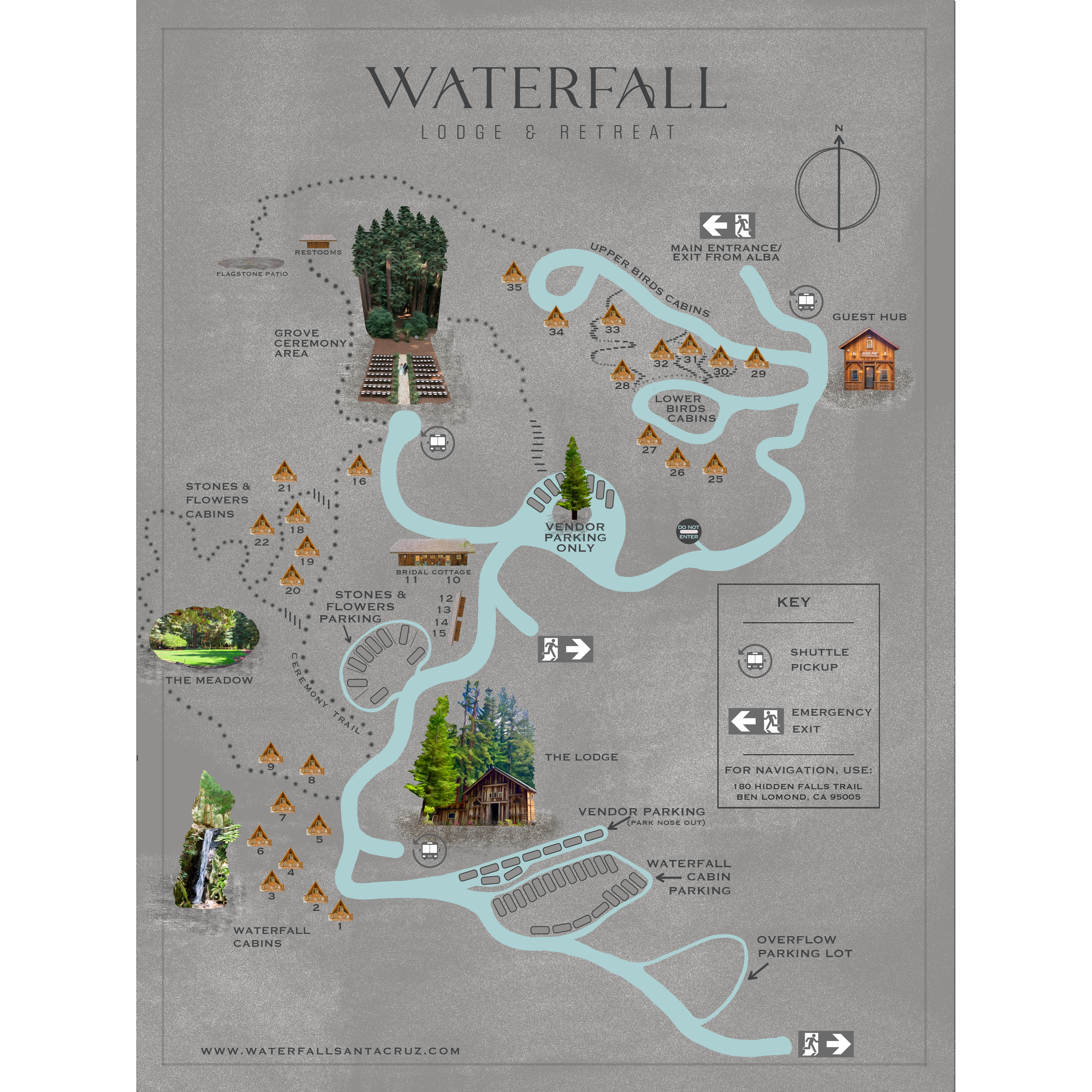 This is a map of the venue. It is very spacious, but there are shuttles to transport guests who need them.