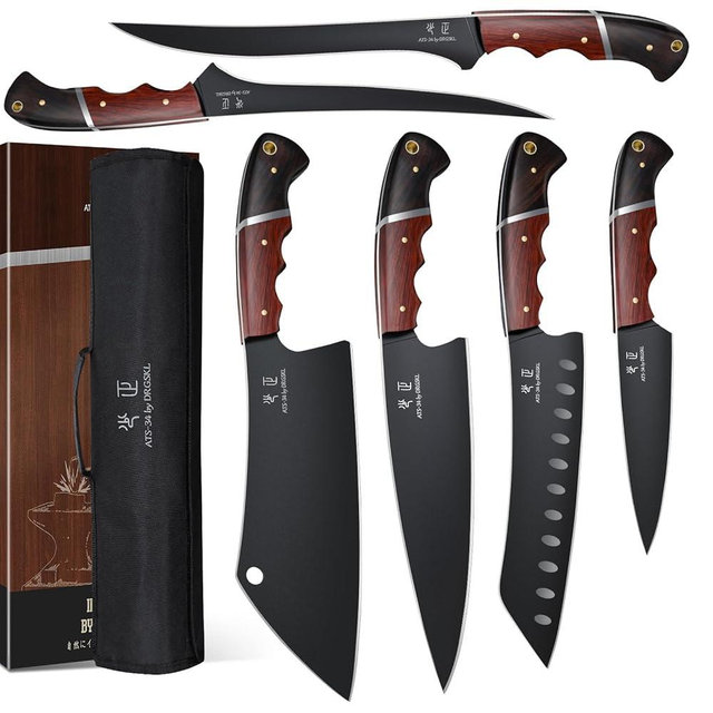 DRGSKL Kitchen Knife Set with Bag - 6 PCS Chef Knife Set - Cleaver, Boning, Fillet, Santoku, Kitchent Utility Knife, Chef Knife with Full Tang Wooden Handle, Butcher Knife Set for Men, Ideal Gift