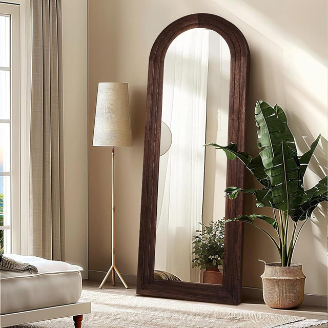 ABSWHLM 65"x22" Arched Full Length Mirror Solid Wood Frame Floor Large Mirror for Living Room, Bedroom Hanging Standing or Leaning Wall-Mounted, Brown
