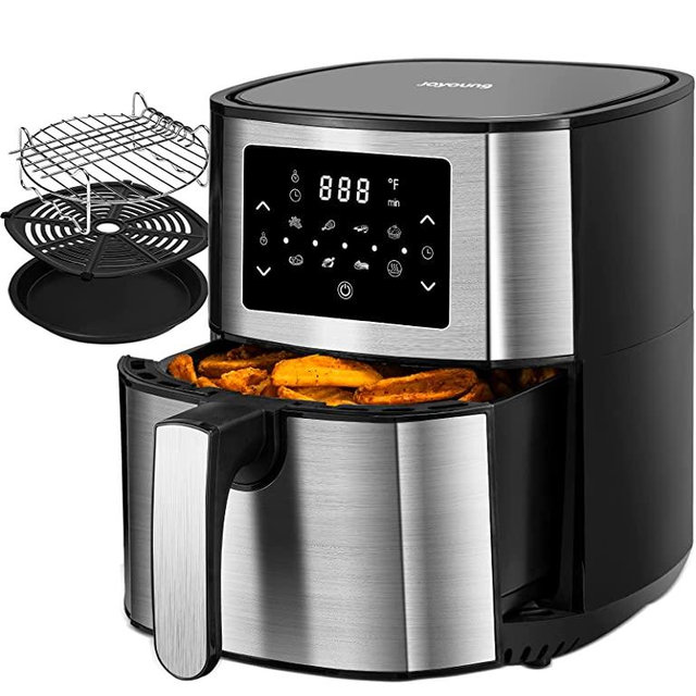 JOYOUNG Air Fryer Oven 5.8Qt Big Capacity Air Fryer Toaster Oven, 8 Presets with AirFryer Cookbook, 1400W, LED Digital Screen, less fat, Black