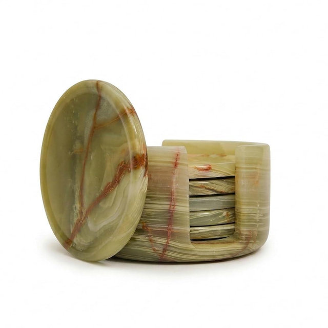 Marble Coasters Set of 6 with Holder, 3.5 Inch Round Drink Coasters for Tabletop and Coffee Table Decor, Green Onyx