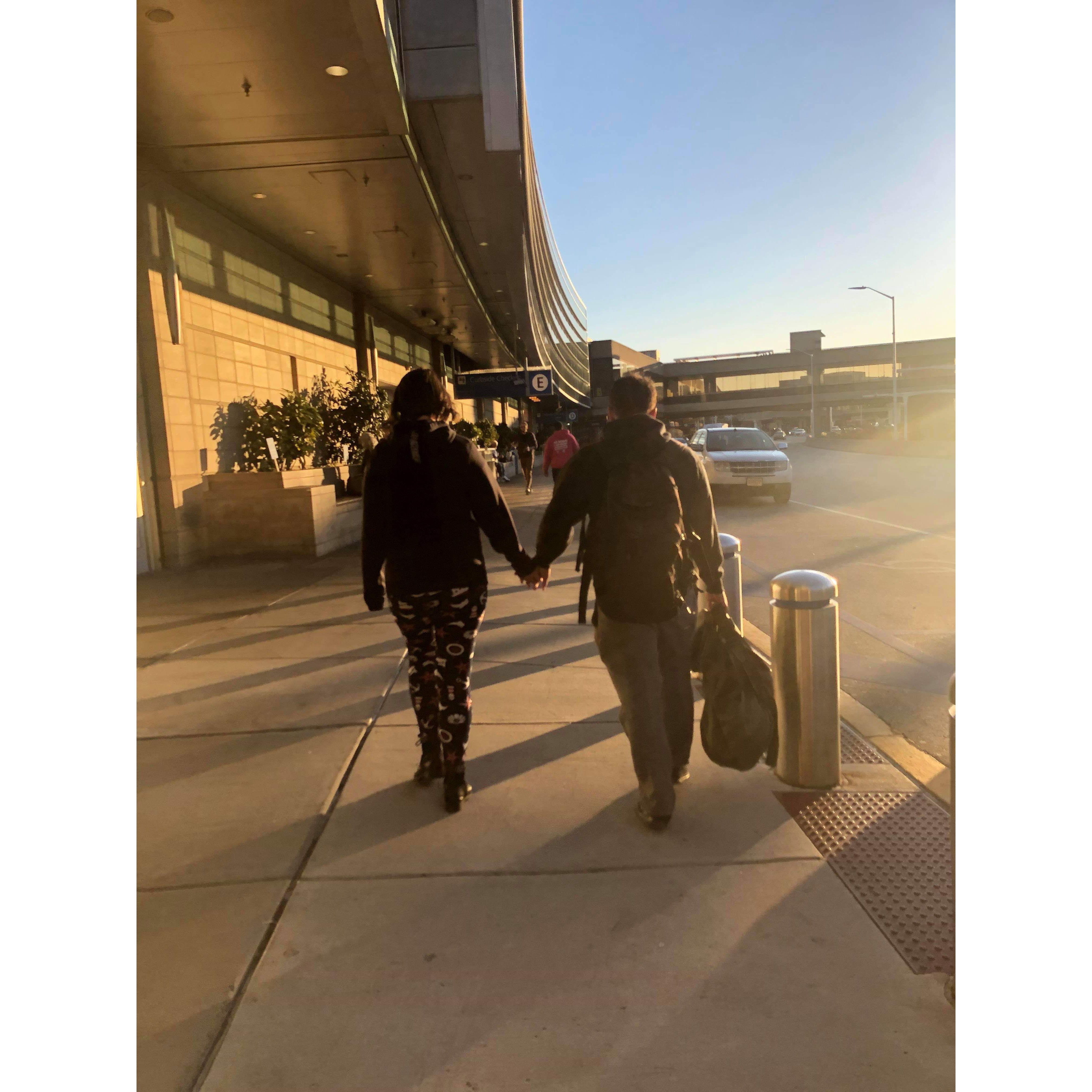 Walking into the airport before Tyler left for Japan...