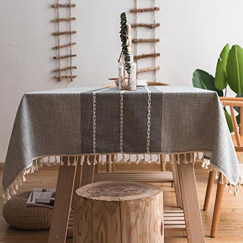 ColorBird Stitching Tassel Tablecloth Heavy Weight Cotton Linen Fabric Dust-Proof Table Cover for Kitchen Dinning Tabletop Decoration (Rectangle/Oblong, 55 x 120 Inch, Gray)
