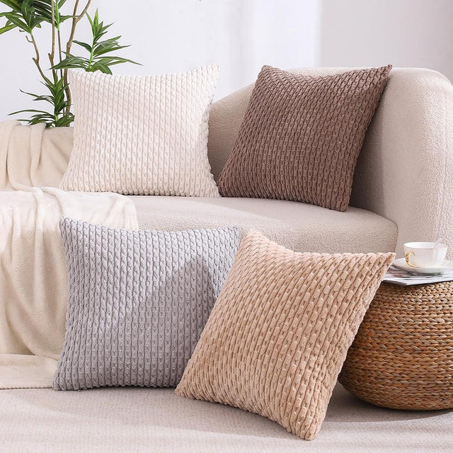 VAKADO Couch 20x20 Set of 4 Decorative Throw Pillow Covers Boho Neutral Rustic Farmhouse Home Decor Corduroy Cushion Case Square for Sofa Living Room Bed