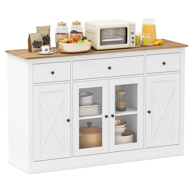 Costway 55" Large Buffet Sideboard w/ 3 Drawers 2 See-through Doors Adjustable Shelves
