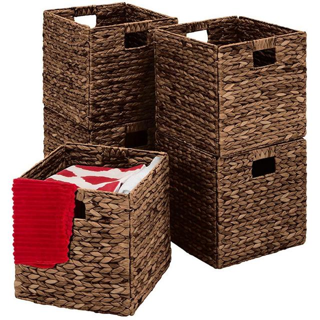 Best Choice Products Rustic Set Of 5 Multipurpose Collapsible Hyacinth Storage Basket, Handwoven Laundry Organizer Totes for Bedroom, Living Room, Bathroom, Shelves, Pantry w/Insert - Espresso