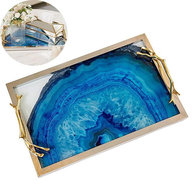 MYHZH Silver Decorative Rectagle Serving Tray, Alloy Glass Finish Food Tray for Coffe Table Bed Table Tray with Handles, for Living Room