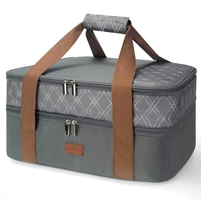 Double Insulated Casserole Carrier Bag - Hot & Cold Food Carry Bag Potluck Parties, Lasagna Holder Tote for Picnics, Beaches, Traveling or Gifts, Fits 9”x13” Baking Dish (Grey-Compressed Zipper)