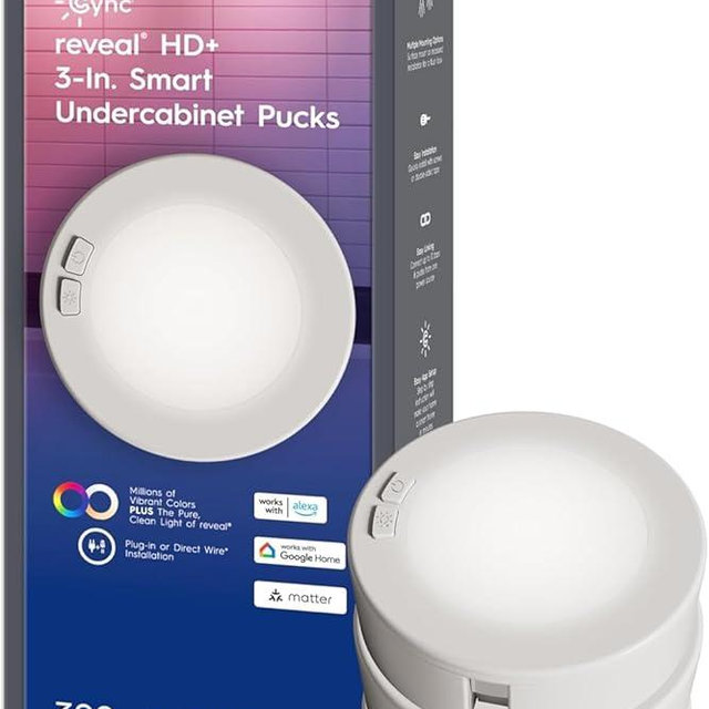 GE Cync Reveal HD+ Smart Undercabinet Puck Light Fixtures, Color Changing Undercab Puck Lights, Smart Wi-Fi Kitchen Lights, Works with Alexa and Google Home, 3-in (3 Pack)
