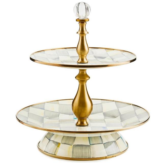 MACKENZIE-CHILDS Enamel Two-Tier Sweet Stand, Two-Tiered Serving Tray for Dessert, Gray-and-White Sterling Check