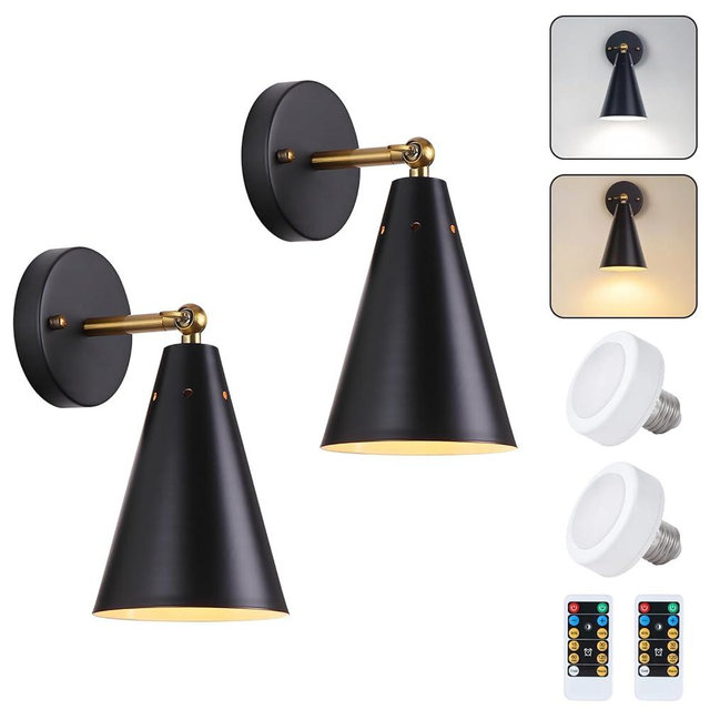 MWZ Black Battery Operated Wall Sconces Set of Two,Wireless Indoor LED Lighting with Remote Control, Modern Dimmable 2 Color Temperatures Adjustable Angle Wall Mount Lamp with Tapered Metal Shade
