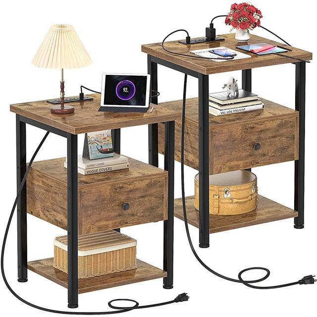 Ecoprsio Nightstand Set of 2 with Charging Station, End Table Bedside Table with USB Port, Modern Nightstands with Drawers Storage Shelf, Wood Night Stands for Bedroom, Living Room, Sofa Couch, Brown