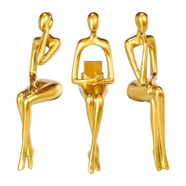 BMLCGJ Thinker Statue Gold Decor Abstract Art Sculpture, Golden Resin Collectible Figurines for Home Living Room Office Shelf Decoration,Great Gifts Ideas (Sitting Posture-Gold)
