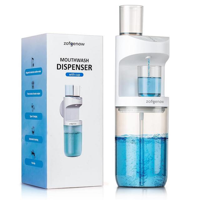 ZOFGENOW Automatic Mouthwash Dispenser for Bathroom,Bathroom Accessories 19.4 Fl Oz Dispensers with Magnetic Cups,Adjustable Dispensing Levels, Wall Mounted Dispenser,Suitable for All Age Groups,White