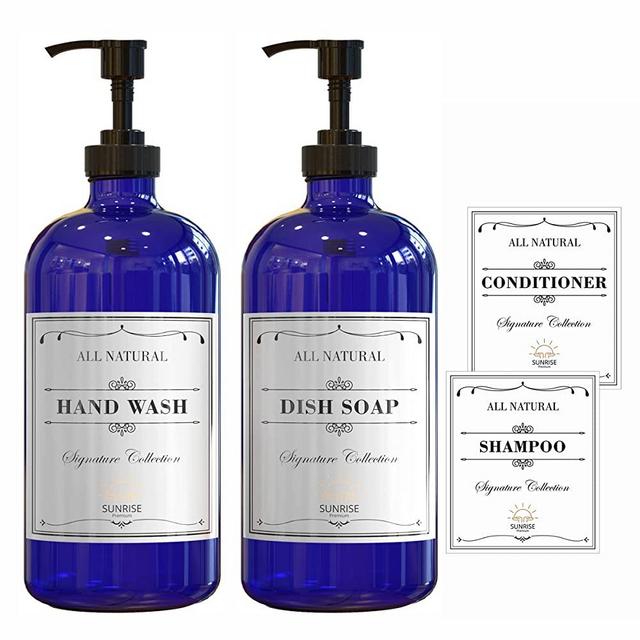 SUNRISE PREMIUM 2-Pack 16 Oz Cobalt Blue Glass Hand Soap Dispenser with Plastic Pump, Refillable Soap Pump Dispenser for Bathroom and Kitchen