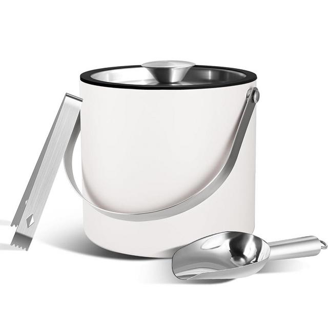 Bakpoco Insulated Ice Bucket with Silicone Lid, Scoop, Tongs & Strainer, 3L Stainless Steel Double Wall Ice Buckets for Parties & Cocktail Bar, Champagne Ice Bucket with Lid for Freezer, Ivory