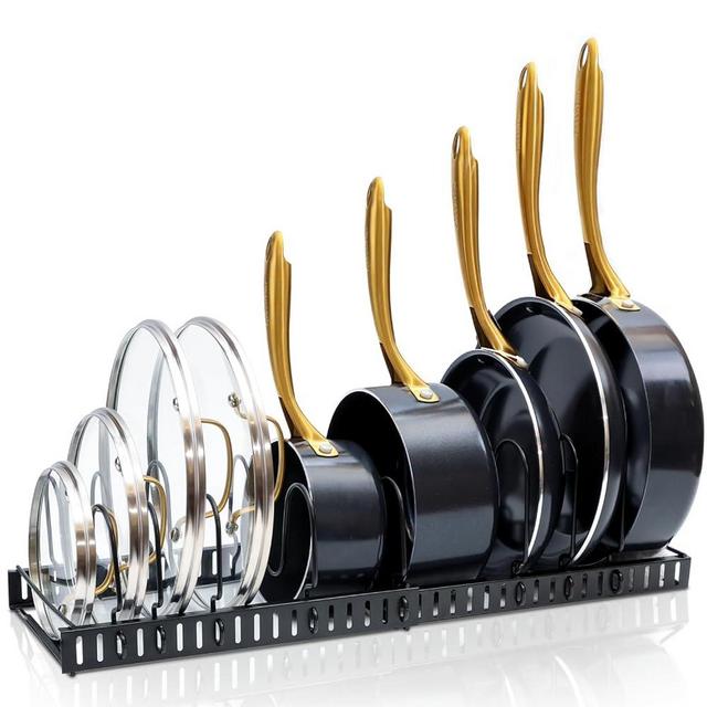 Pots and Pans Organizer for Cabinet - Expandable Pan Organizer | Pot Lid Holder with 10 Adjustable Compartment for Kitchen Cabinet Organization & Storage