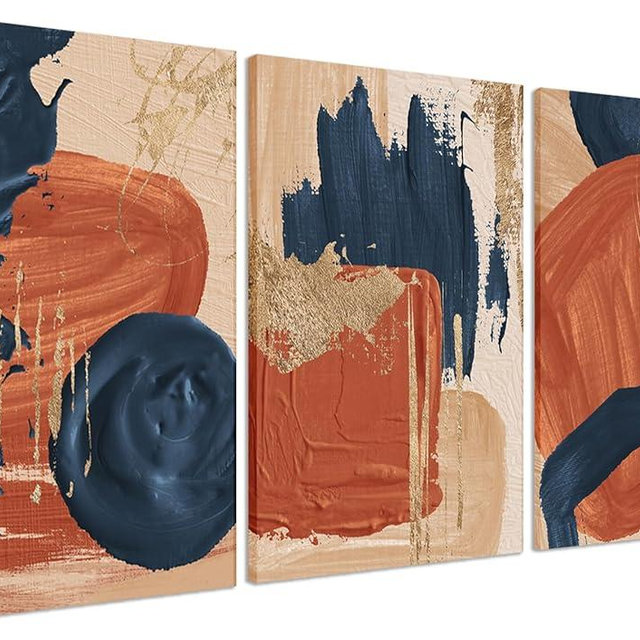 AKWISH Mid Century Abstract Canvas Wall Art Set of 3, Terracotta Navy Blue and Orange Boho Wall Decor Posters Prints, Minimalist Wall Art Painting for Living Room Bedroom Office Framed 16x24in