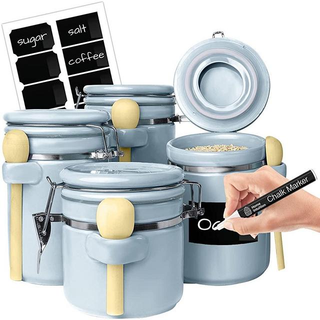 Home Intuition 4-Piece Ceramic Kitchen Canisters Set Airtight Containers with Wooden Spoons Reusable Chalk Labels and Marker For Sugar, Coffee, Flour, Tea, Light Blue