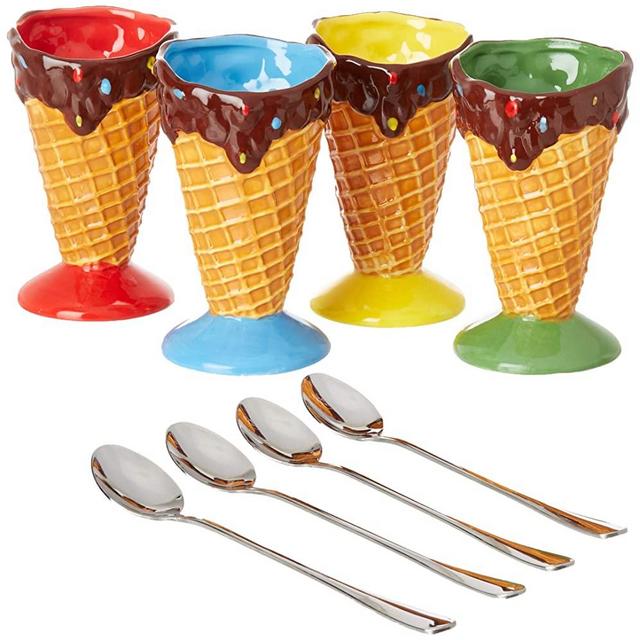 KOVOT Ceramic Dessert & Ice Cream Cone Set - Includes 4 Ceramic Cones And 4 Metal Spoons