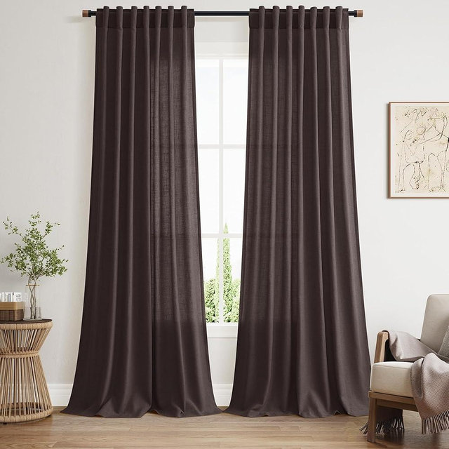 Nanspring Cocoa Coffee Linen Blend Light Filtering Back Tab Curtains 96 Inches Long, Semi Sheer Privacy Drapes for Living Room & Bedroom, 52x96 inch, 2 Panels