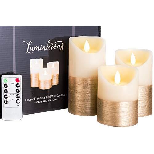 Giftable Decorative Flameless Candles Flickering LED | Battery Operated Electric Pillar Candle | Realistic Moving Flame Flicker with Remote Control & Timer | Real Wax Gold Trim | Great Home Decor