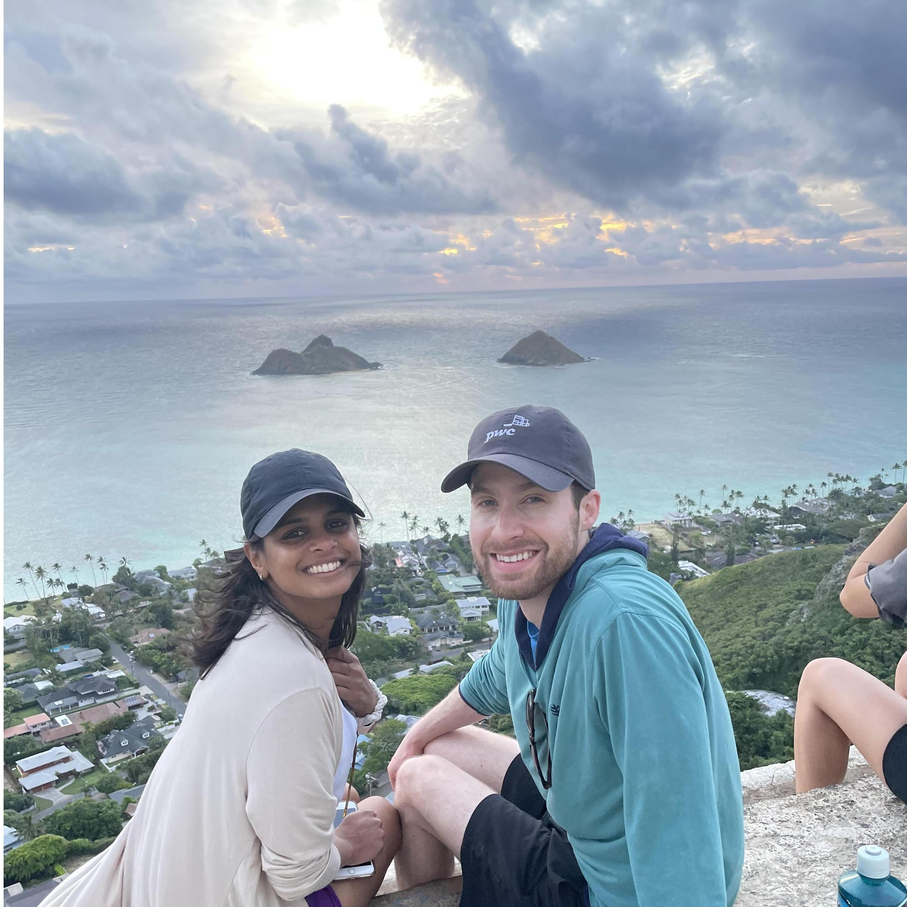 Waiting for sunrise at the Pill Box hike overlooking the Lanikai beach, a Souza family favorite.