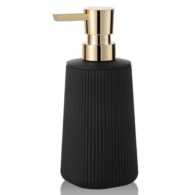 Small Soap Dispenser for Bathroom and Kitchen, Modern Farmhouse Striped Style Plastic Hand Soap Dish Soap Dispenser with Pump Matte Black and Gold