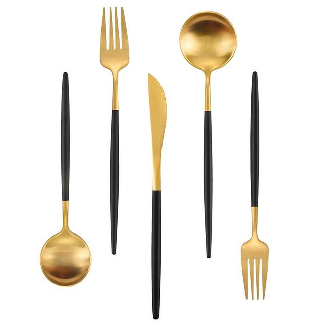 Matte Gold Silverware Set With Black Handle, IBIILII JEFF 40 Pieces Stainless Steel Flatware Set For 8，Kitchen Utensil Set, Tableware Cutlery Set, Knife Spoons And Forks Set, Dishwasher Safe