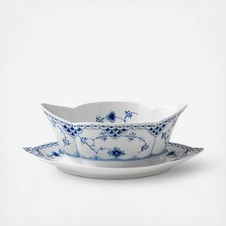 Blue Fluted Half Lace Gravy Boat with Stand