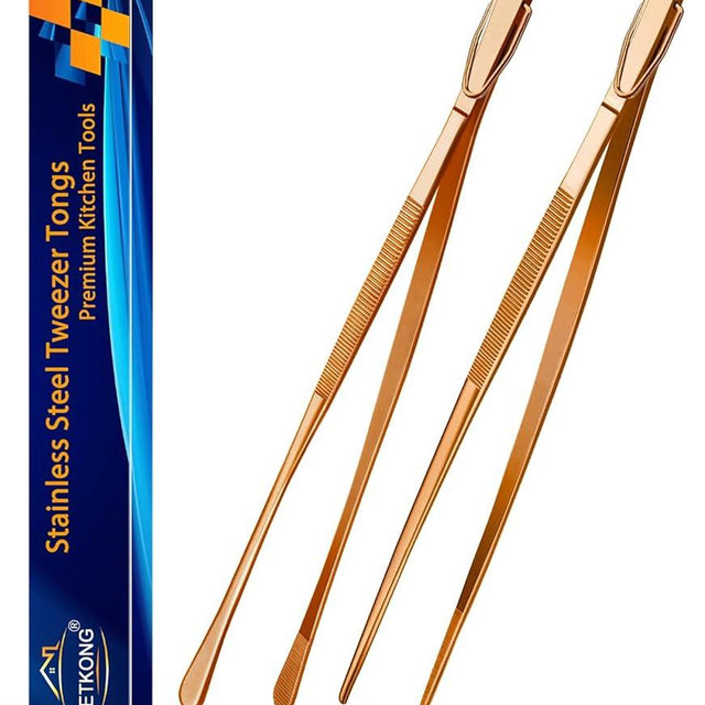 JETKONG 2 Pcs 12-Inch Kitchen Tweezers Cooking Tweezer Tongs Stainless Steel Long Food Tweezers (Rose Gold)