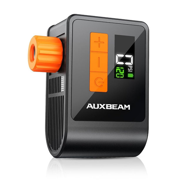 Auxbeam Tiny Bike Pump with Gauge, 120PSI Electric Bicycle Pump with Presta and Schrader Valve, Portable Air Pump for Road Bike, City, Mountain and E-Bike
