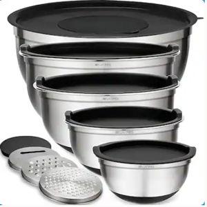 Belwares 5-Piece Mixing Bowl Set - Stainless Steel Nesting Bowls with Lids and Graters - Non-Slip Base (Black)