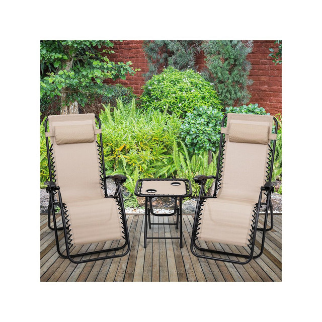 Costway 3PCS Zero Gravity Reclining Lounge Chairs Pillows Table Portable Folding Beige