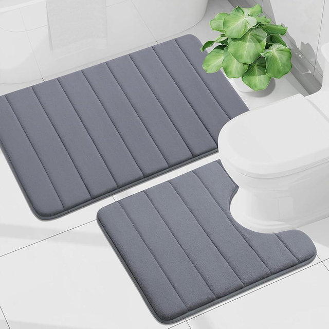 Buganda Bathroom Mat Set, 2 Piece Memory Foam Bath Mat and U-Shaped Toilet Rug, Machine Wash Dry, Soft Non Slip Absorbent Bath Rug for Bathroom, Shower and Tub (36" x 24"+24" x 20", Dark Grey)