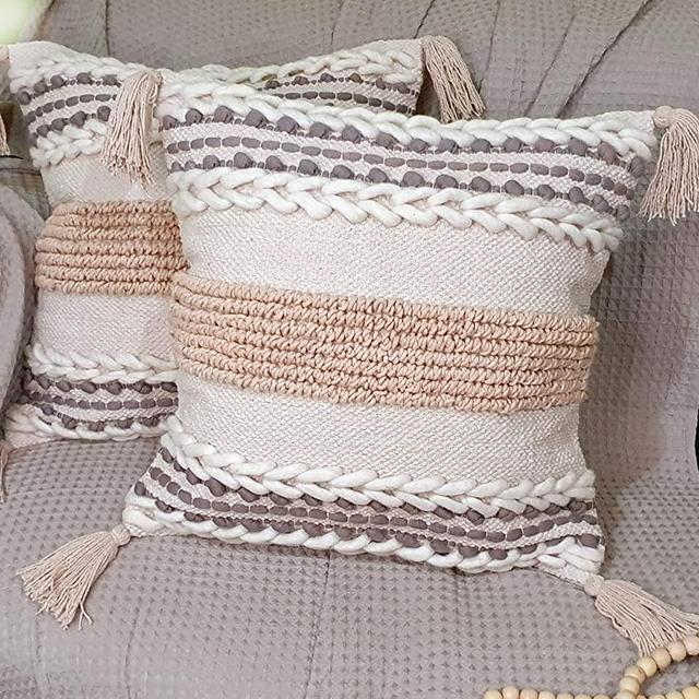 Heavenera Pack of 2 Decorative Pillow Covers Premium Cotton Wool Designer Pillow Case Bohemian Cushion Tassel Decorative Boho Throw Pillow for Couch Living Room Sofa Bedroom (18"X18", Beige - 2 pcs)