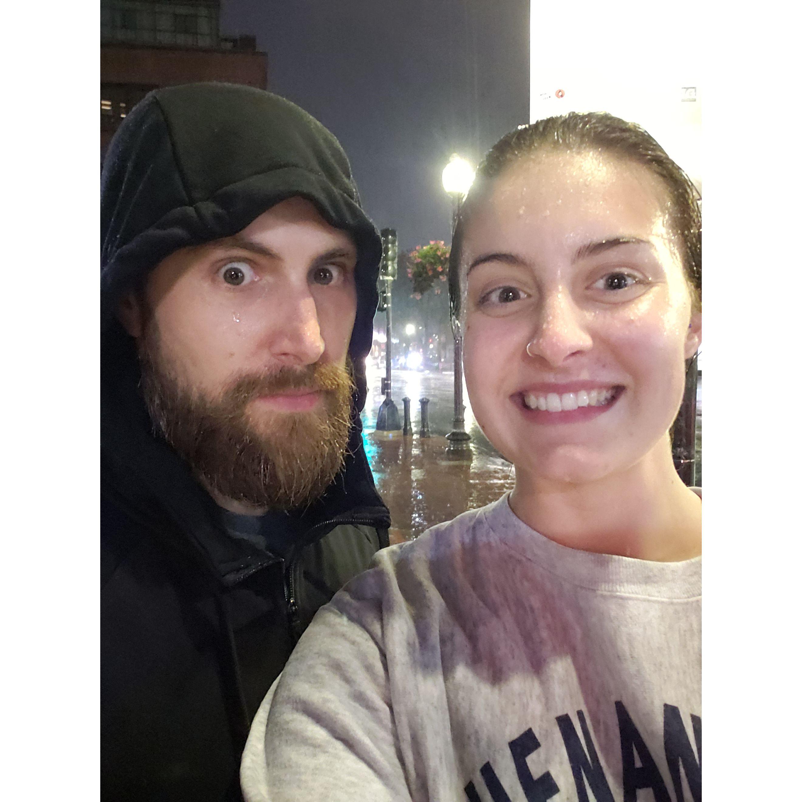 Getting absolutely drenched while exploring the streets of Boston.