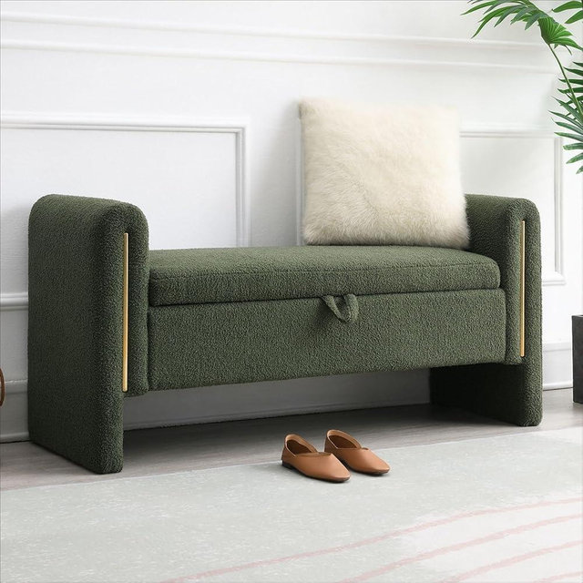 QianYueLUX Modern 52" Storage Ottoman Bench, Upholstered End of Bed Storage Bench with Armrests, Entryway Bench, Teddy Foot Rest Stool for Living Room Hallway Bedroom (Green)