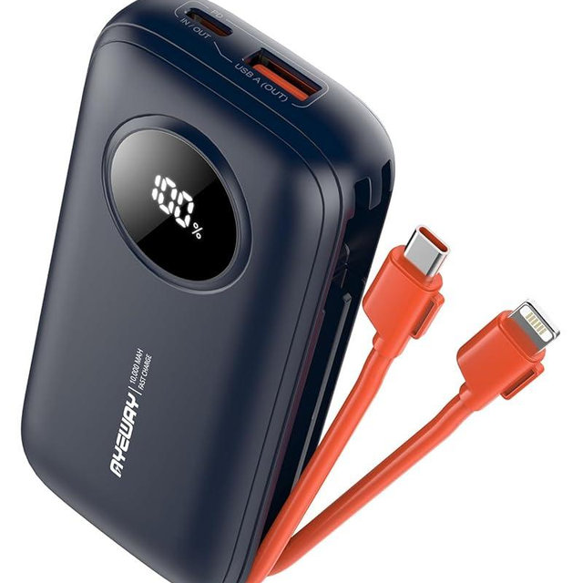 Ayeway Portable Charger 10000mAh Power Bank,USB C PD 20W Fast Charger with 2 Built-in Cables & LED Display,Lightweight Travel Essentials External Battery Pack Compatible with iPhone,iPad,Samsung,etc