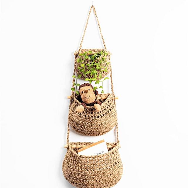 Hanging Fruit Basket, 3 Tier Woven Jute Wall Hanging Basket for Organizing, Hanging Produce Basket for Fruit & Vegetable Storage, Boho Kitchen Decor, Wall Basket Storage for Kitchen, Bedroom, Bathroom