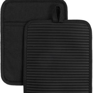 KITCHENAID Ribbed Soft Silicone Pot Holder 2-Pack Set, Matte Black, 7"x9"
