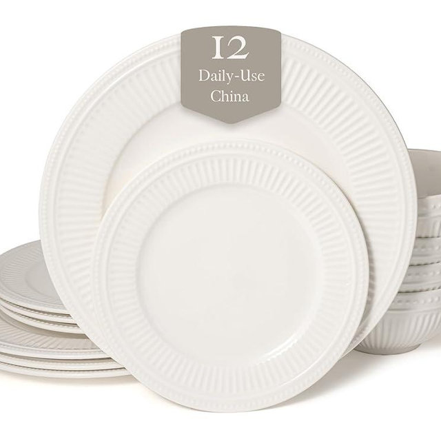 Square House Bone China 12 Piece Dinnerware Set, Santorini Collection (Bloom), White, Daily Use China, Embossed Tableware Service for 4