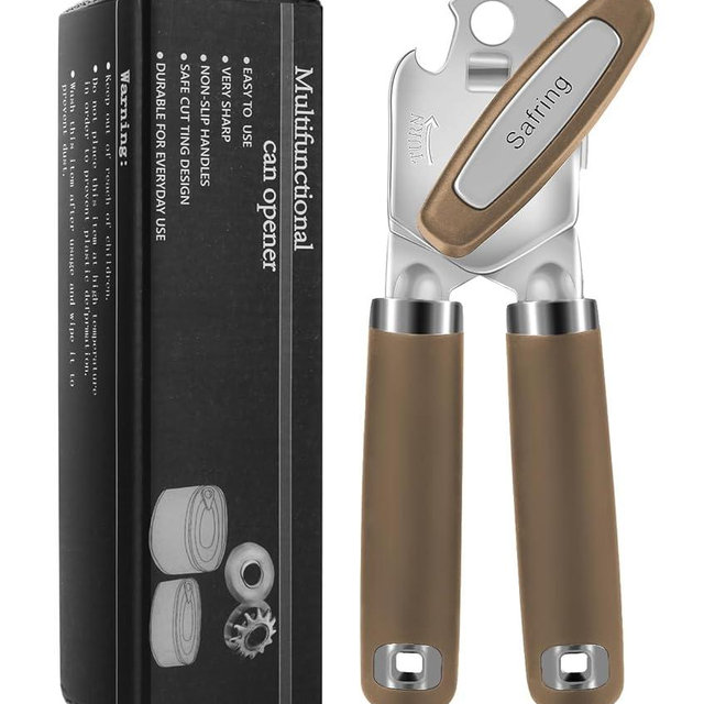 Safring Can Opener Manual, Heavy Duty Handheld Strong Can Opener with Soft Touch Handle, Sharp Blade Smooth Edge, Can Openers with Multifunctional Bottle Opener, Coffee