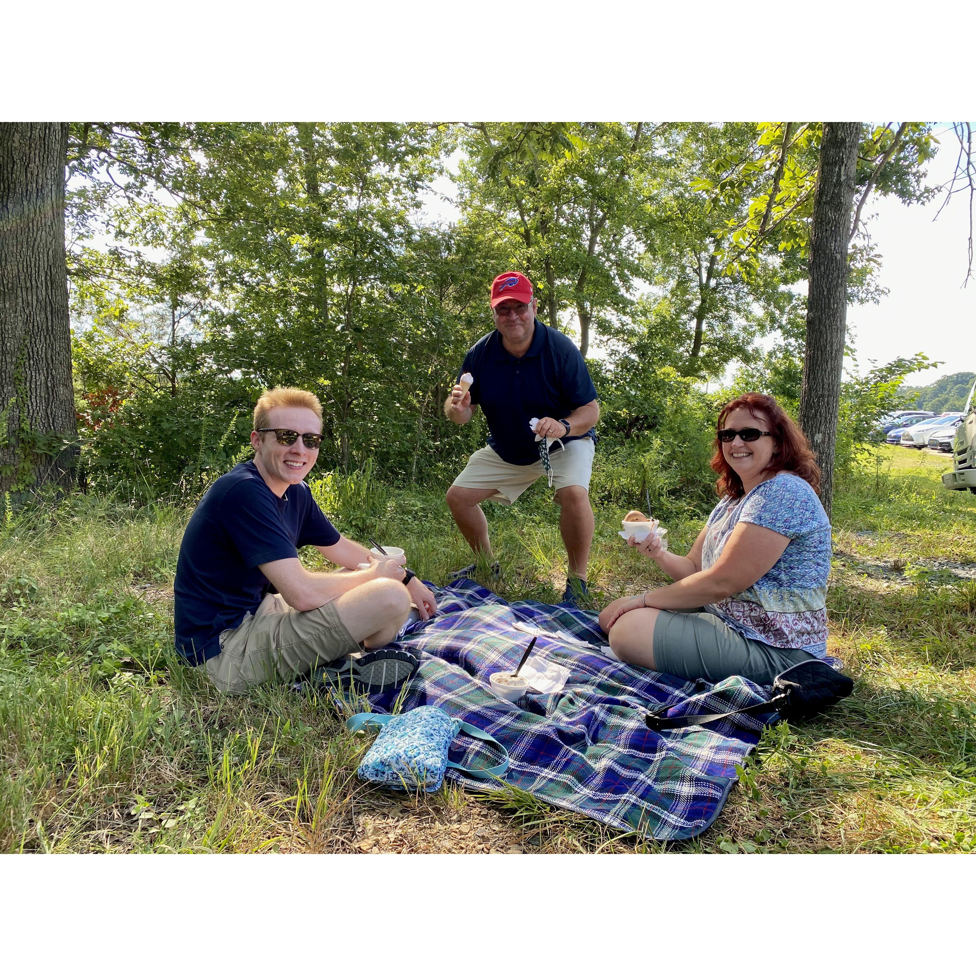 First time Adam met Mom and Bob, shown here bonding over Maple View ice cream - July 2020