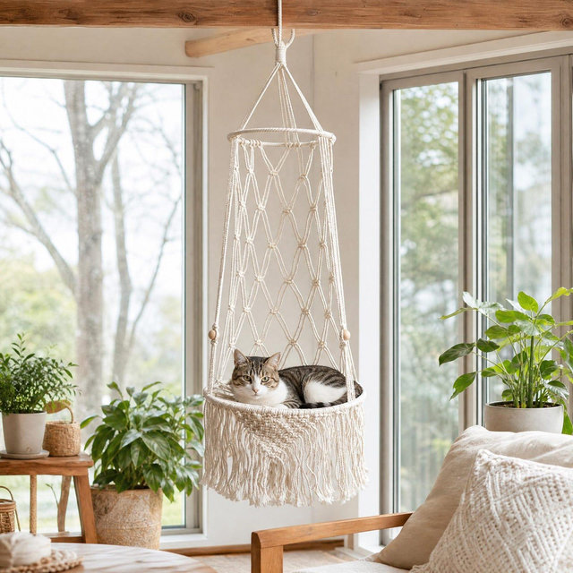 Boho Handmade Macrame Cat Hammock Bed Hanging Cat Swing Chair Indoor Woven Cat Nest Wall Mounted Pet Bed Decor