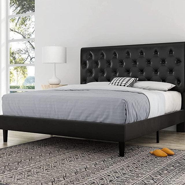 SHA CERLIN Queen Size Platform Bed Frame with Button Tufted Headboard, Faux Leather Upholstered Mattress Foundation, Wooden Slat Support, No Box Spring Needed, Black