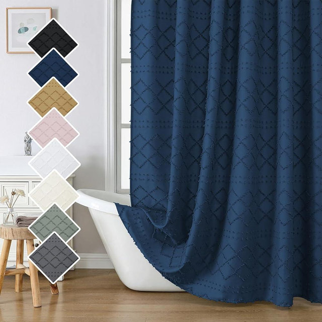 Lecloud Dusty Blue Cloth Shower Curtain 72x84 Inches, Modern Plaid Stripes Pattern Fabric Shower Curtain for Bathroom, Chic Tufted Textured Jacquard Farmhouse Shower Curtain