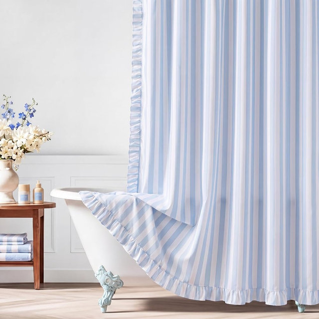 CrystalSylara Striped Shower Curtain with Ruffle Edge Linen-Textured Shower Curtain 72x72 Inches Vintage Country Style Fabric Bath Decoration for Farmhouse Bathroom(Blue)