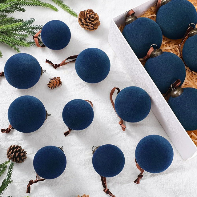 Foilswirl 18 Pcs Velvet Christmas Balls Bulk 3.15, 2.76, 2.36 Inch, Flocked Xmas Tree Ball Ornaments Plastic Velvet Christmas Ornaments Xmas Tree Hanging Decoration(Navy Blue)