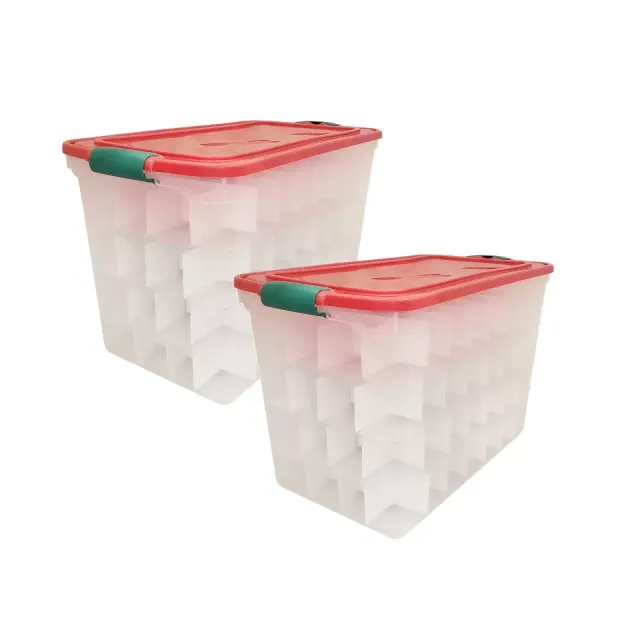 HOMZ 112-Quart Holiday Clear Plastic Ornament Storage, Red/Green, 2 Pack
